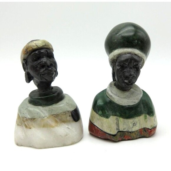 Small Stone Bust Set Colourful Hand Carved in Zimbabwe Africa 3.5" and 2.7" Tall - Picture 2 of 8